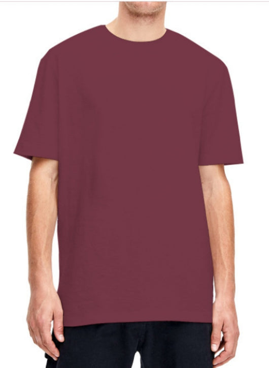 Plain light beige short-sleeved crew neck t-shirt made of cotton, shown on a model. - Image 18