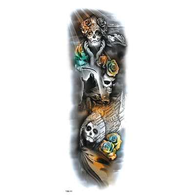 Full arm temporary tattoo sticker with a black, red, and light blue tribal design, featuring abstract shapes and patterns. - Image 16