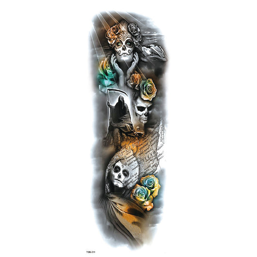 Full arm temporary tattoo sticker with a black, red, and light blue tribal design, featuring abstract shapes and patterns. - Image 16