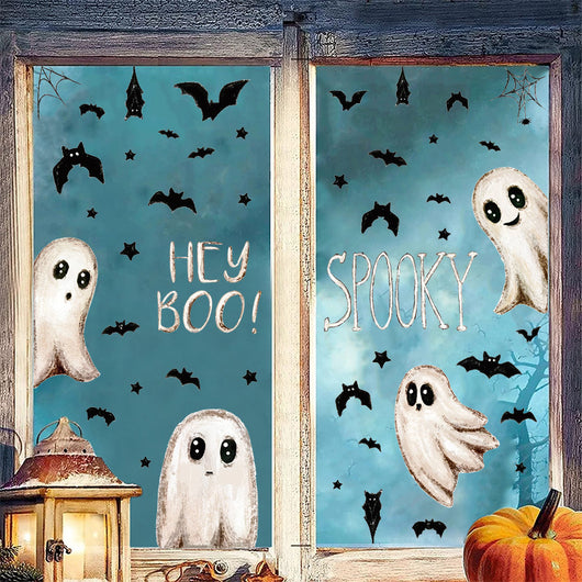 Pegatinas de Pared Halloween Fantasmas Blancos y Murciélagos Adhesivas para Decoración de Escaparate