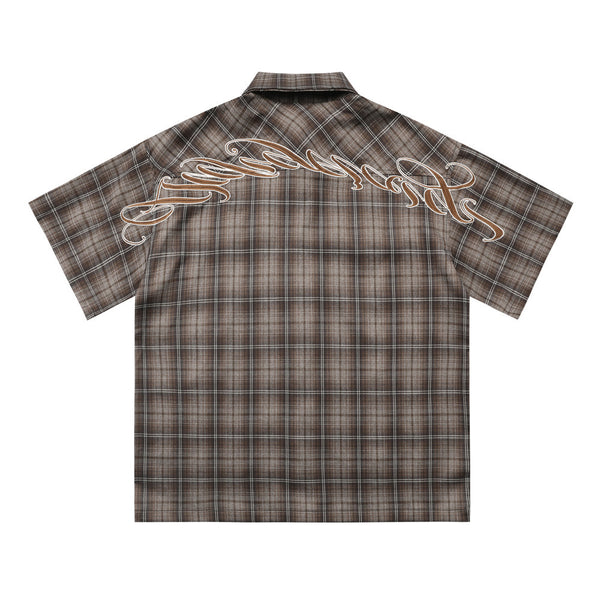 Camisa Cuadros con Bordado de Letras - Corte Holgado y Solapa Clásica