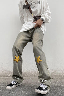 Pantalones Jeans Rectos con Bordado Pentagrama - Corte Suelto