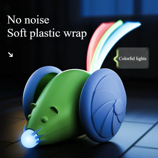 White and grey electric mouse cat toy with large wheels, a glowing blue tail, and a USB charging cable. - Image 7