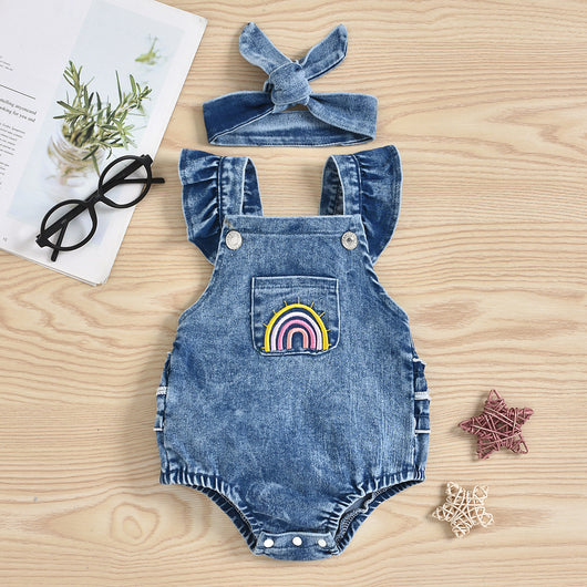 Conjunto de Dos Piezas: Peto Denim con Estampado Arcoíris y Pañoleta para Bebé Niña - Image 4