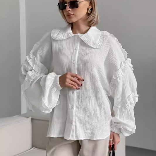 Blusa Larga de Encaje Suelta con Manga Larga para Mujer