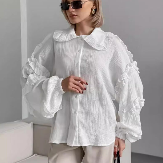 Blusa Larga de Encaje Suelta con Manga Larga para Mujer