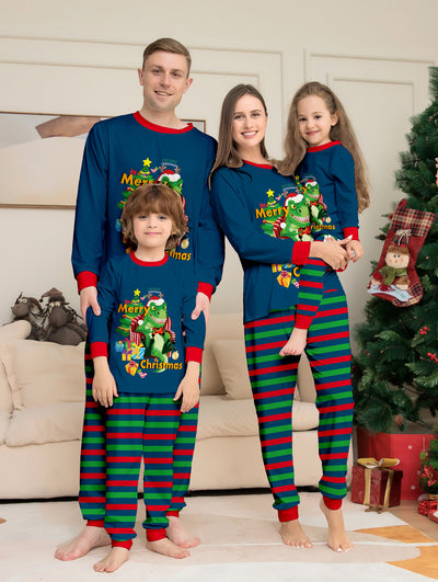 Child's blue long-sleeve Christmas pajamas with a dinosaur graphic and red and green striped pants. - Image 6