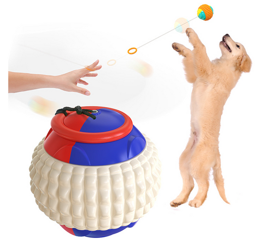 Yellow, orange, and teal pet toy with a black retractable rope, designed for throwing, chewing, and training dogs.