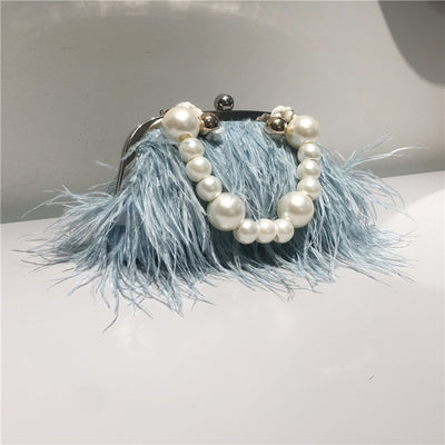 Bolso Bandolera de Plumas de Avestruz con Cadena de Perlas para Mujer - Image 6