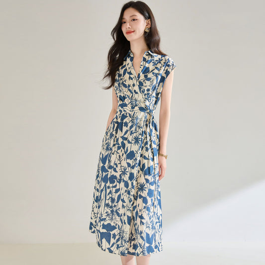Vestido Camisero Ajustado Estampado Azul y Blanco