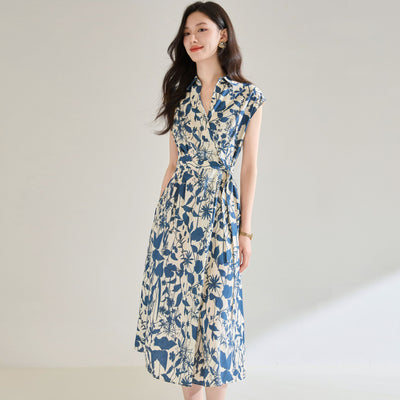 Vestido Camisero Ajustado Estampado Azul y Blanco