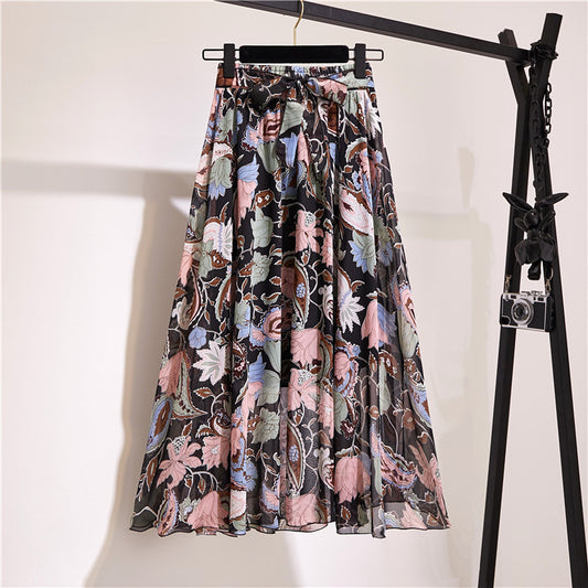 Falda Bohemia Floral de Gasa Estampada Largo Medio