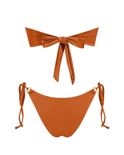 Red glitter bandeau bikini with gold-tone O-rings and side-tie bottoms on a model in a sunny outdoor setting. - Image 80