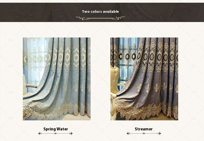 Blue sheer curtain with intricate gold and dark blue embroidery in a European classical style, draped over a window. - Image 14