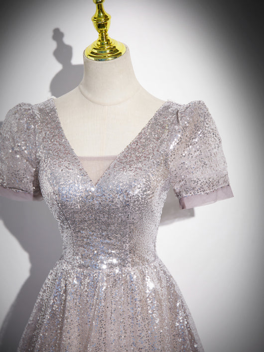 Vestido Princesa Francés Escote en V Plateado para Mujer - Image 6