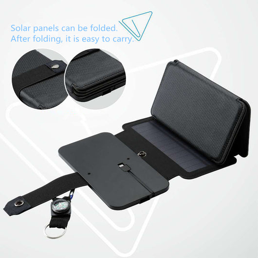 Black portable folding solar panel charger with six panels attached to a backpack in an outdoor setting. - Image 8