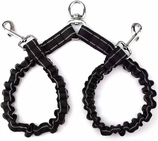 Black double-ended pet traction rope with reflective stitching, two elasticized leash segments, and metal snap hooks. - Image 6