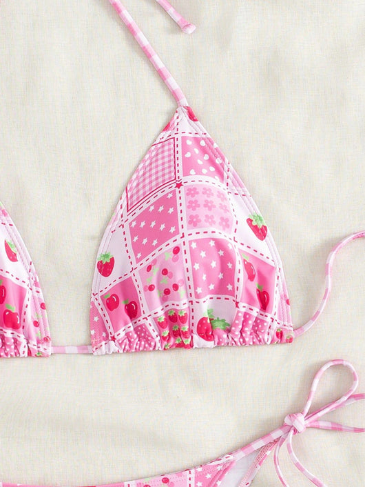 Female creative minimally printed split bikini set with a vibrant bohemian pattern and tie-side bottoms. - Image 16