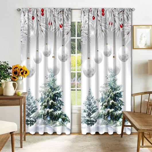 Christmas curtain with a snowy village scene, Santa Claus, flying reindeer, and piles of wrapped gifts. - Image 6
