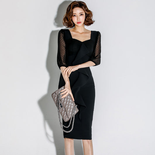 Vestido Ajustado de Malla Plumetis con Lunares y Volantes - Image 11