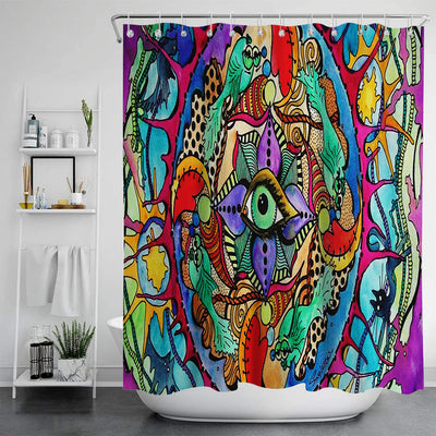 Vibrant psychedelic shower curtain with an abstract digital print featuring an elephant head and cannabis leaves in bright colors. - Image 4