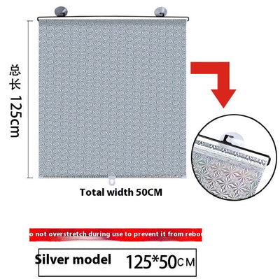 Black perforated roller blind with suction cups for window sun protection, measuring 60x40cm, shown extended. - Image 31