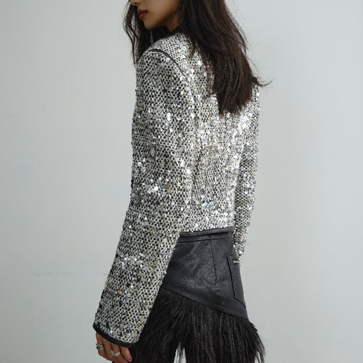Chaqueta Corta Urbana Retro Moderna con Lentejuelas y Cuello Bajo - Image 9