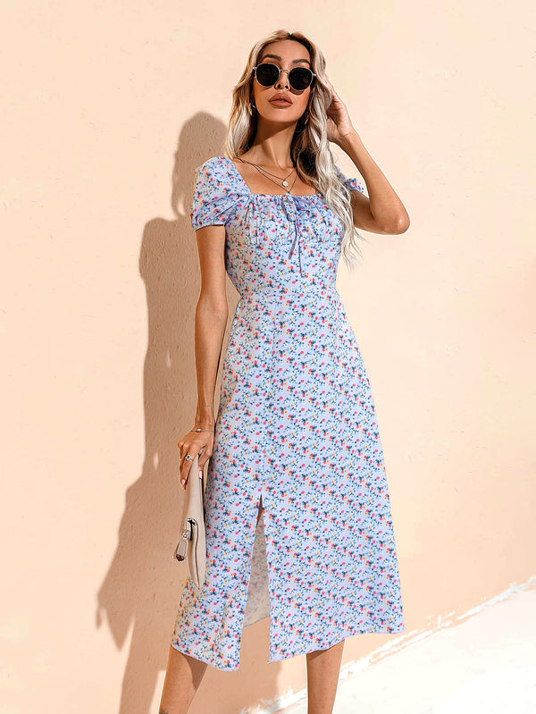 Vestido Estampado con Espalda Descubierta y Abertura Lateral