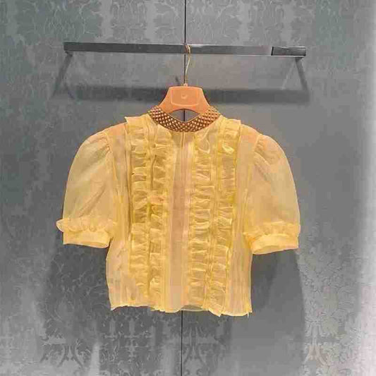 Túnica Francesa Dulce con Mangas Abullonadas y Costuras Fruncidas