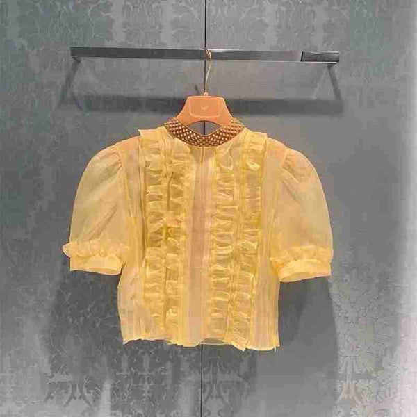 Túnica Francesa Dulce con Mangas Abullonadas y Costuras Fruncidas