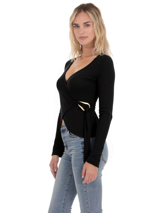 Suéter Tejido Negro Cuello V Manga Larga con Cintura Ajustada Diseño Francés - Image 12