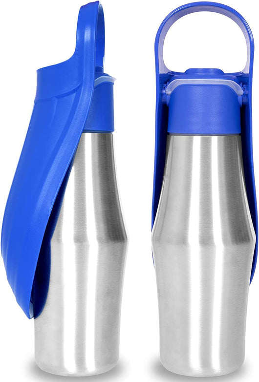 Portable pet water bottle with a stainless steel body and a gray silicone leaf-design drinking bowl and handle. - Image 6