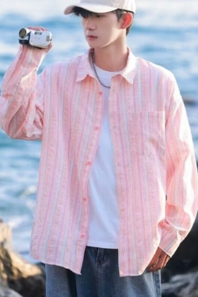 Camisa de Manga Larga Protección Solar Holgada a Rayas para Hombre - Image 12