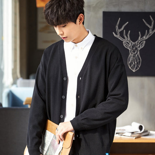 Cardigan Suelto de Hombres Otoño - Suéter Oversized Cuello Caído Negro Tendencia