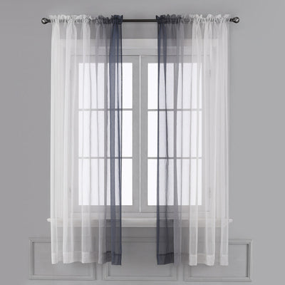 Pink and white gradient sheer rod pocket curtain panels hung on a black rod in front of a window. - Image 8