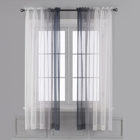 Pink and white gradient sheer rod pocket curtain panels hung on a black rod in front of a window. - Image 8