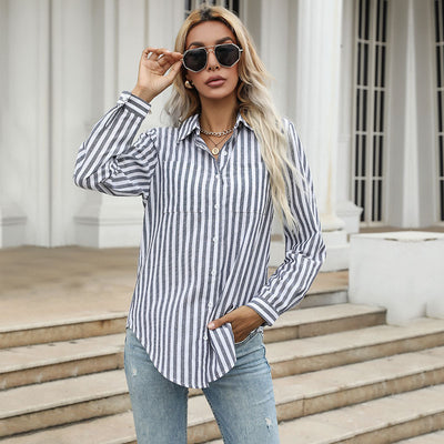 Camisa de Rayas Verticales con Solapa para Mujer - Estilo Europeo - Image 8