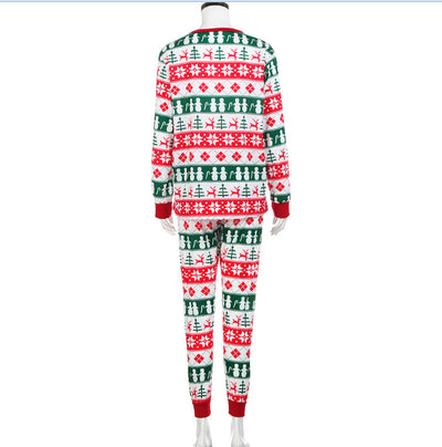 Christmas long-sleeved pajama set with red, green, and white fair isle print featuring snowmen, reindeer, and trees. - Image 19