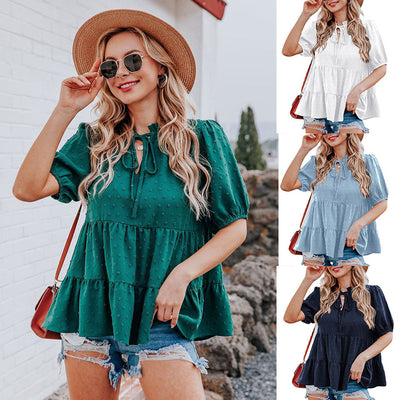 Blusa Suelta con Cuello en V, Mangas Abullonadas y Detalles de Encaje - Image 13
