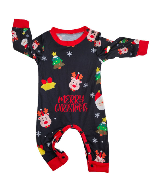 Man wearing a black long-sleeve Christmas pajama set with Santa, reindeer, and Christmas tree patterns. - Image 7