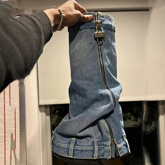 Falda Denim Gruesa con Botas de Punta Redonda Estampado Tiburón para Mujer