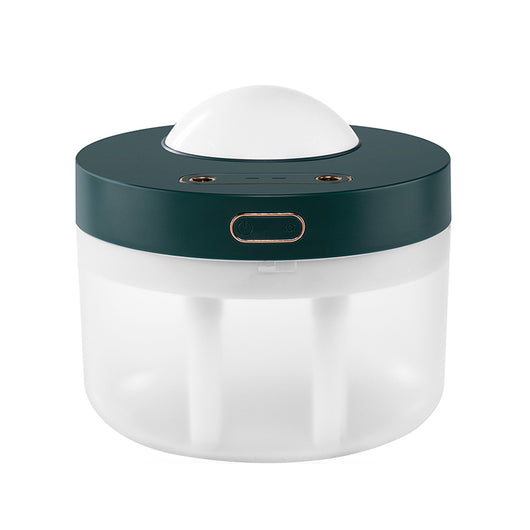 White portable projection humidifier with a translucent water tank and gold-accented control buttons. - Image 8