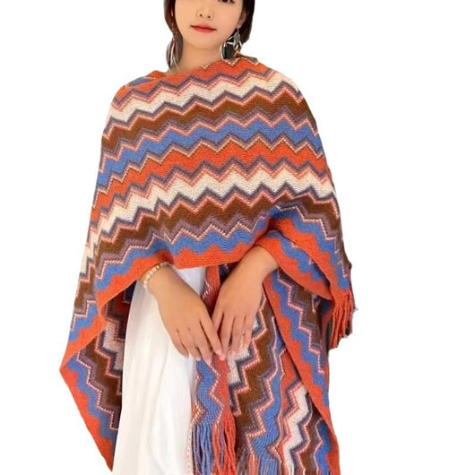 Rebozo Étnico Geométrico con Patrón Wave - Tejido Grueso y Cálido para Viajes - Image 5