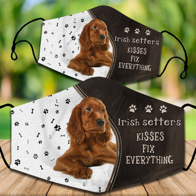 Two cotton face masks with a Bichon Frise dog, paw prints, and bones on a white and brown background. Text reads "Bichon Frise KISSES FIX EVERYTHING." - Image 41