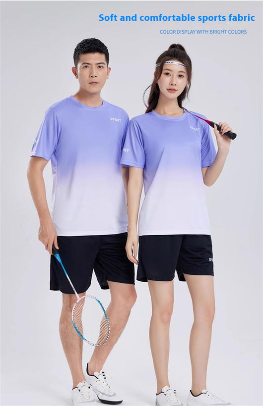 Purple and white gradient short-sleeve t-shirt with 'SPORT' text and black athletic shorts for women. - Image 34