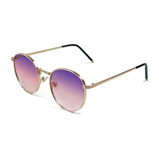 Round red lens sunglasses with a gold metal frame and black temple tips on a white background. - Image 11