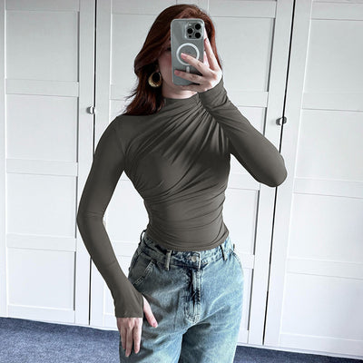 Blusa Cuello Alto Plisada Ajustada para Otoño e Invierno - Image 33