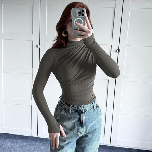 Blusa Cuello Alto Plisada Ajustada para Otoño e Invierno - Image 33