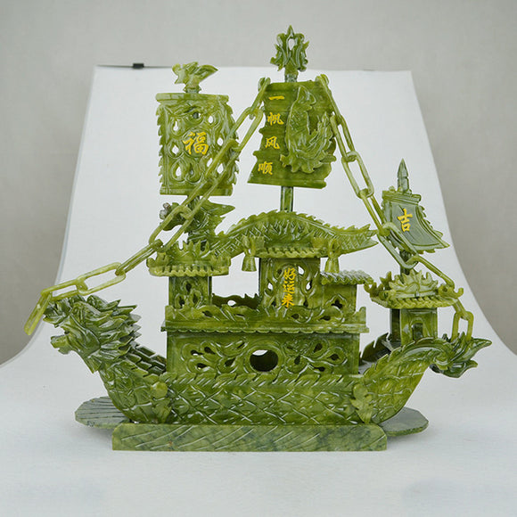 Barco Dragón de Jade Natural 38cm - Decoración de Lujo Navegación Tranquila
