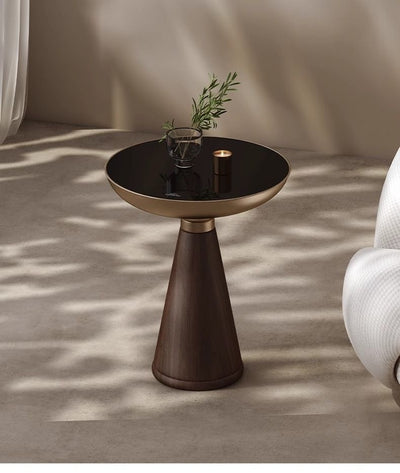 Mesa Auxiliar Redonda de Cristal Templado con Base de Madera Maciza - Diseño Moderno Lujo - Image 8